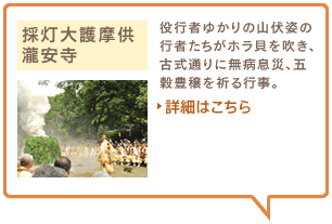 採灯大護摩供　瀧安寺　役行者ゆかりの山伏姿の行者たちがホラ貝を吹き、古式通りに無病息災、五穀豊穣を祈る行事。詳細はこちら