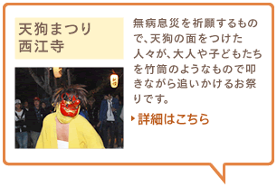 天狗まつり　西江寺　無病息災を祈願するもので、天狗の面をつけた人々が、大人や子どもたちを竹筒のようなもので叩きながら追いかけるお祭りです。詳細はこちら