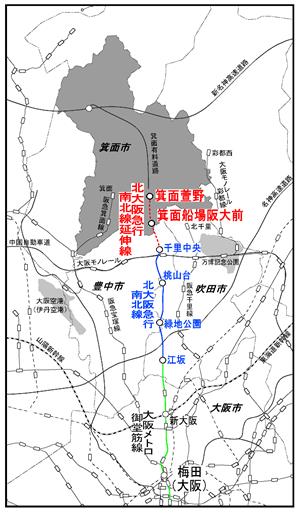 千里中央駅から箕面萱野駅　位置図