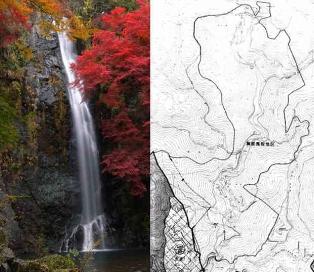 箕面滝の写真と風致地区の区域図